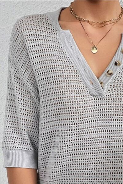 Openwork Half Button Dropped Shoulder Knit Top - SELFTRITSS