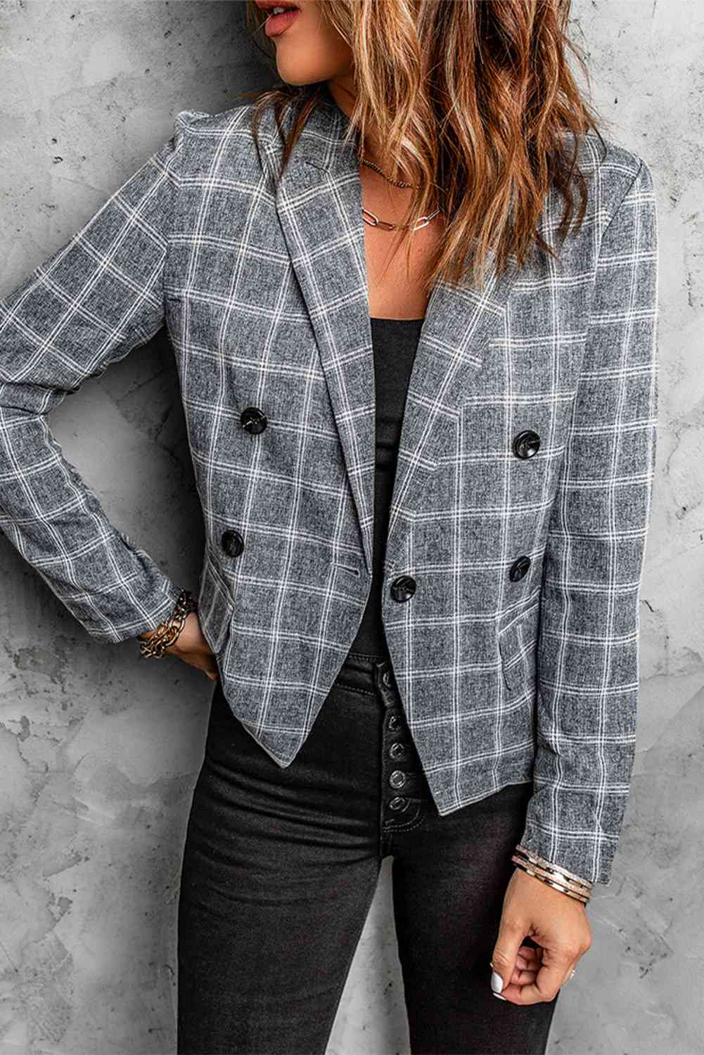 Plaid Double-Breasted Flap Pocket Blazer - SELFTRITSS