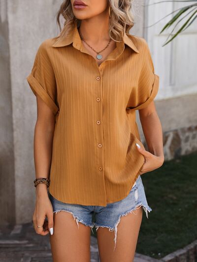 Textured Button Up Cap Sleeve Shirt - SELFTRITSS