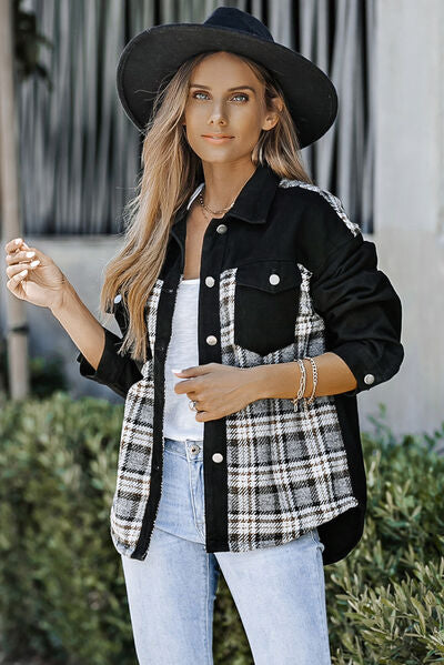 Plaid Pocketed Button Up Denim Jacket - SELFTRITSS