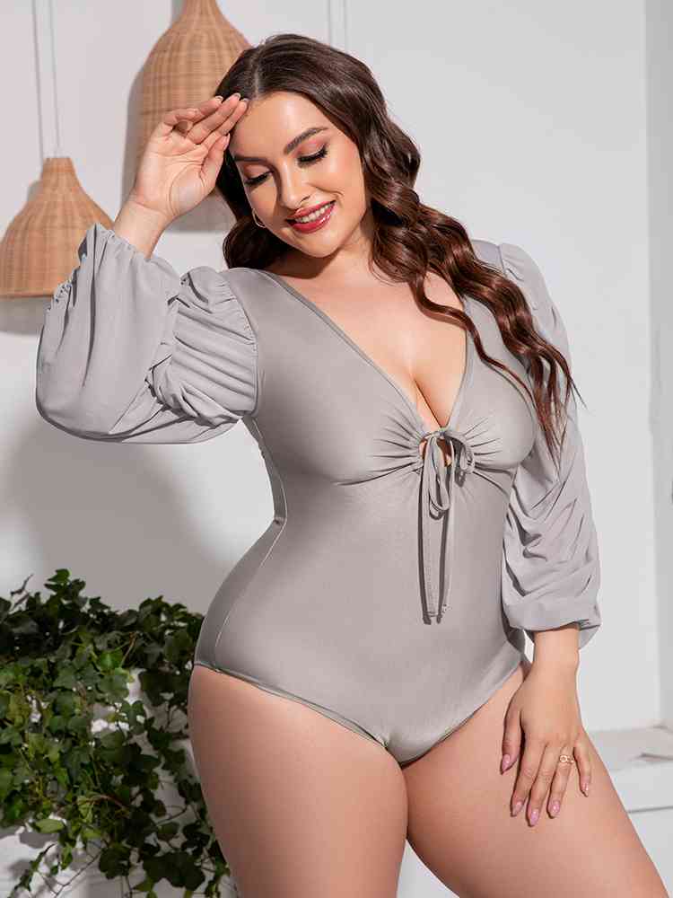 Plus Size Tied Deep V Balloon Sleeve One-Piece Swimsuit - SELFTRITSS