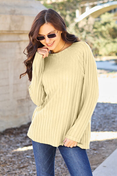 Basic Bae Full Size Ribbed Round Neck Long Sleeve Knit Top - SELFTRITSS