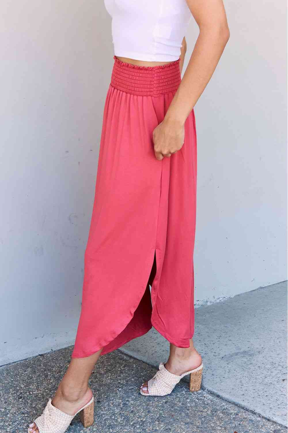 Doublju Comfort Princess Full Size High Waist Scoop Hem Maxi Skirt in Hot Pink - SELFTRITSS