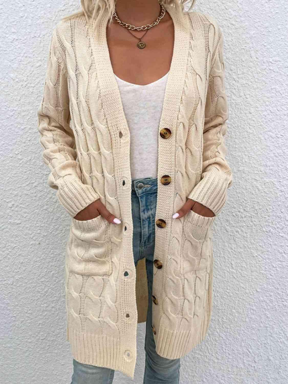 Cable-Knit Button Down Cardigan with Pockets - SELFTRITSS