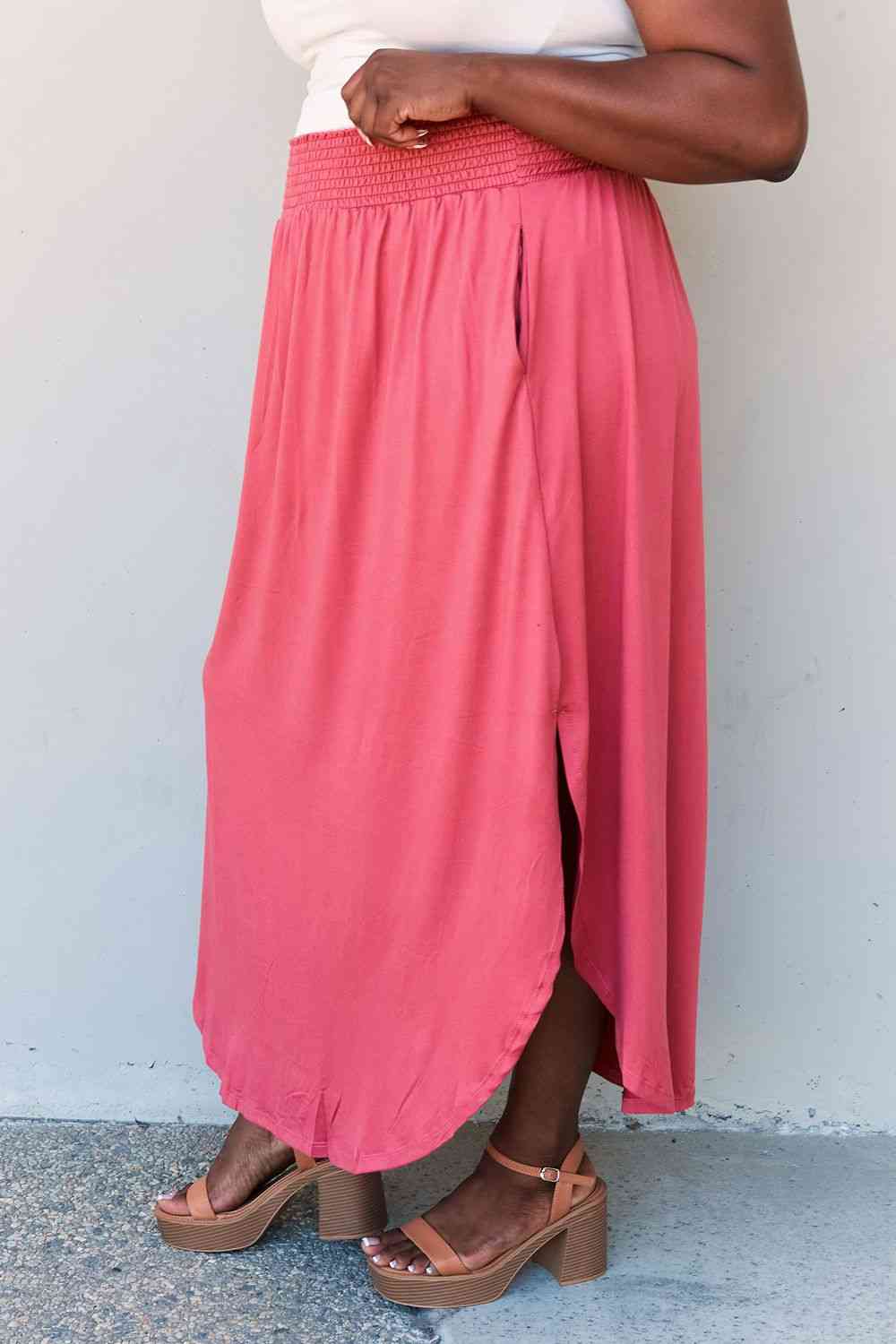 Doublju Comfort Princess Full Size High Waist Scoop Hem Maxi Skirt in Hot Pink - SELFTRITSS