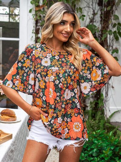 Printed Round Neck Half Sleeve Blouse - SELFTRITSS