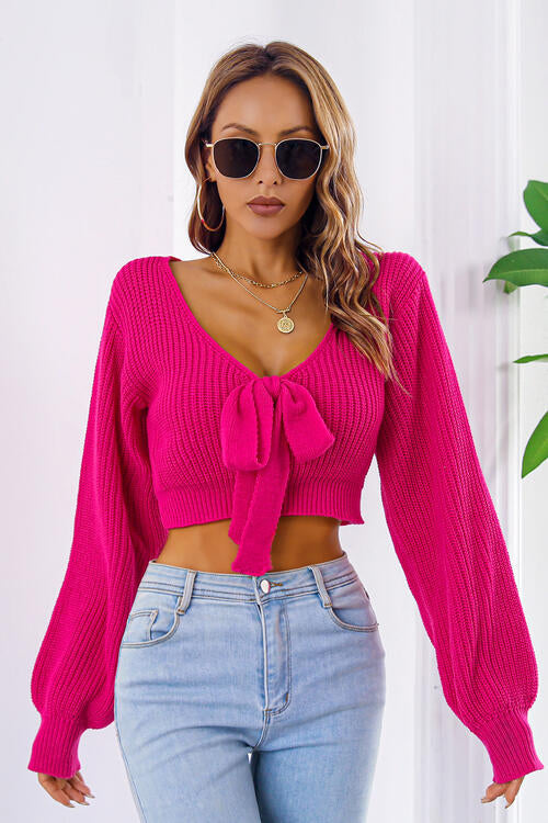 Bow V-Neck Long Sleeve Cropped Sweater - SELFTRITSS   