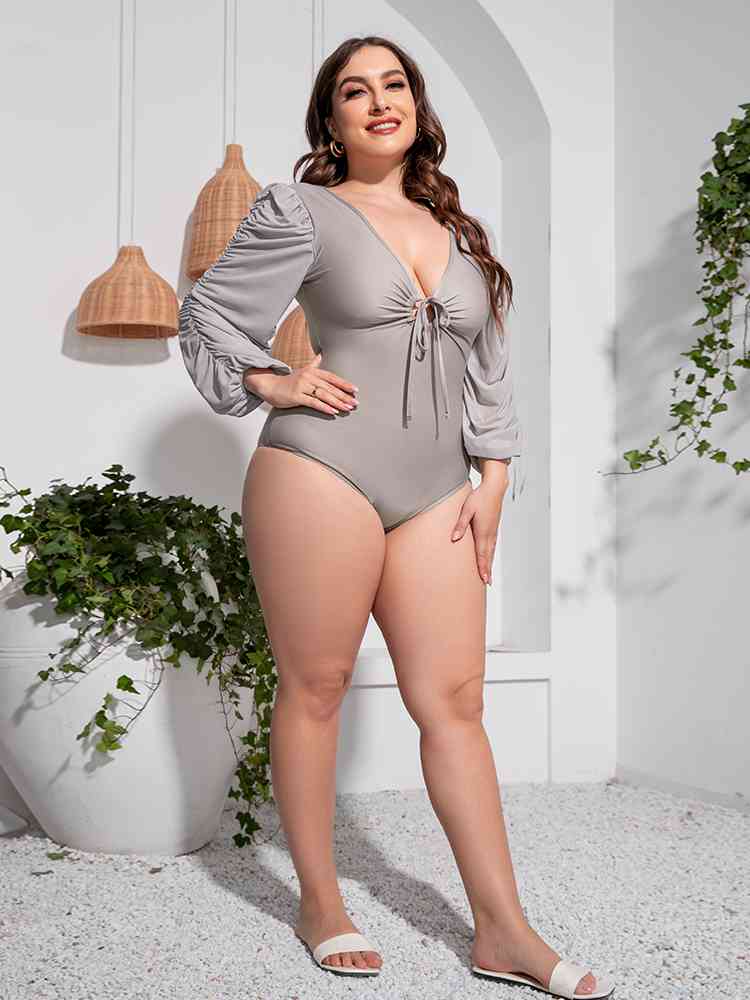 Plus Size Tied Deep V Balloon Sleeve One-Piece Swimsuit - SELFTRITSS