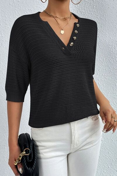 Openwork Half Button Dropped Shoulder Knit Top - SELFTRITSS