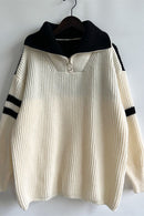 Quarter Zip Striped Dropped Shoulder Sweater - SELFTRITSS