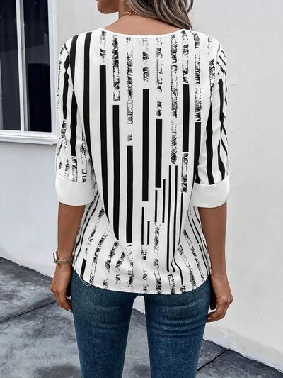 Striped Notched Half Sleeve Blouse - SELFTRITSS   