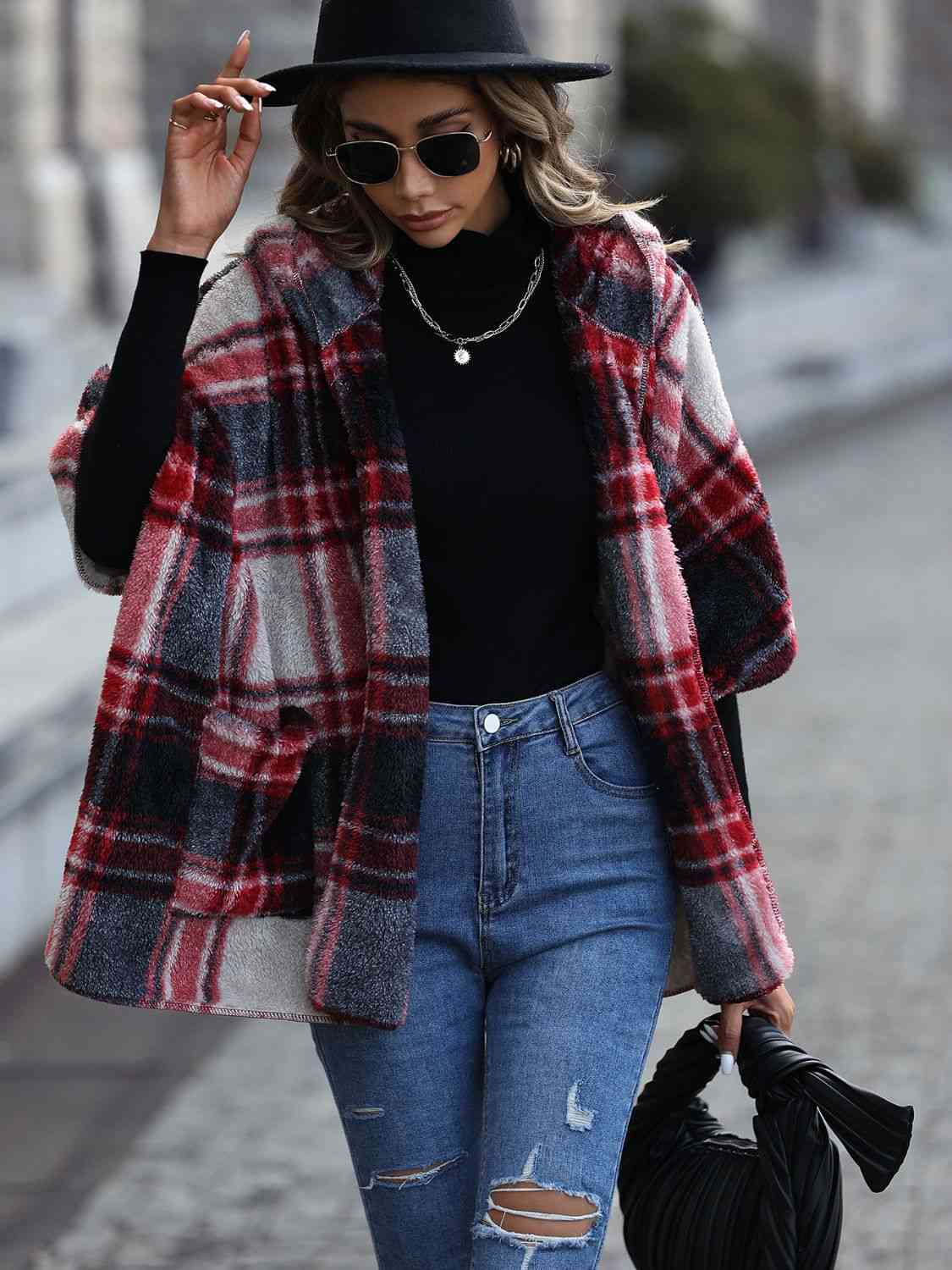 Plaid Hooded Coat with Pockets - SELFTRITSS