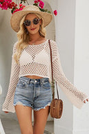 Openwork Round Neck Dropped Shoulder Knit Top - SELFTRITSS