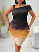 Plus Size Asymmetrical Neck Bodycon Dress - SELFTRITSS