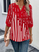 Striped Notched Half Sleeve Blouse - SELFTRITSS   