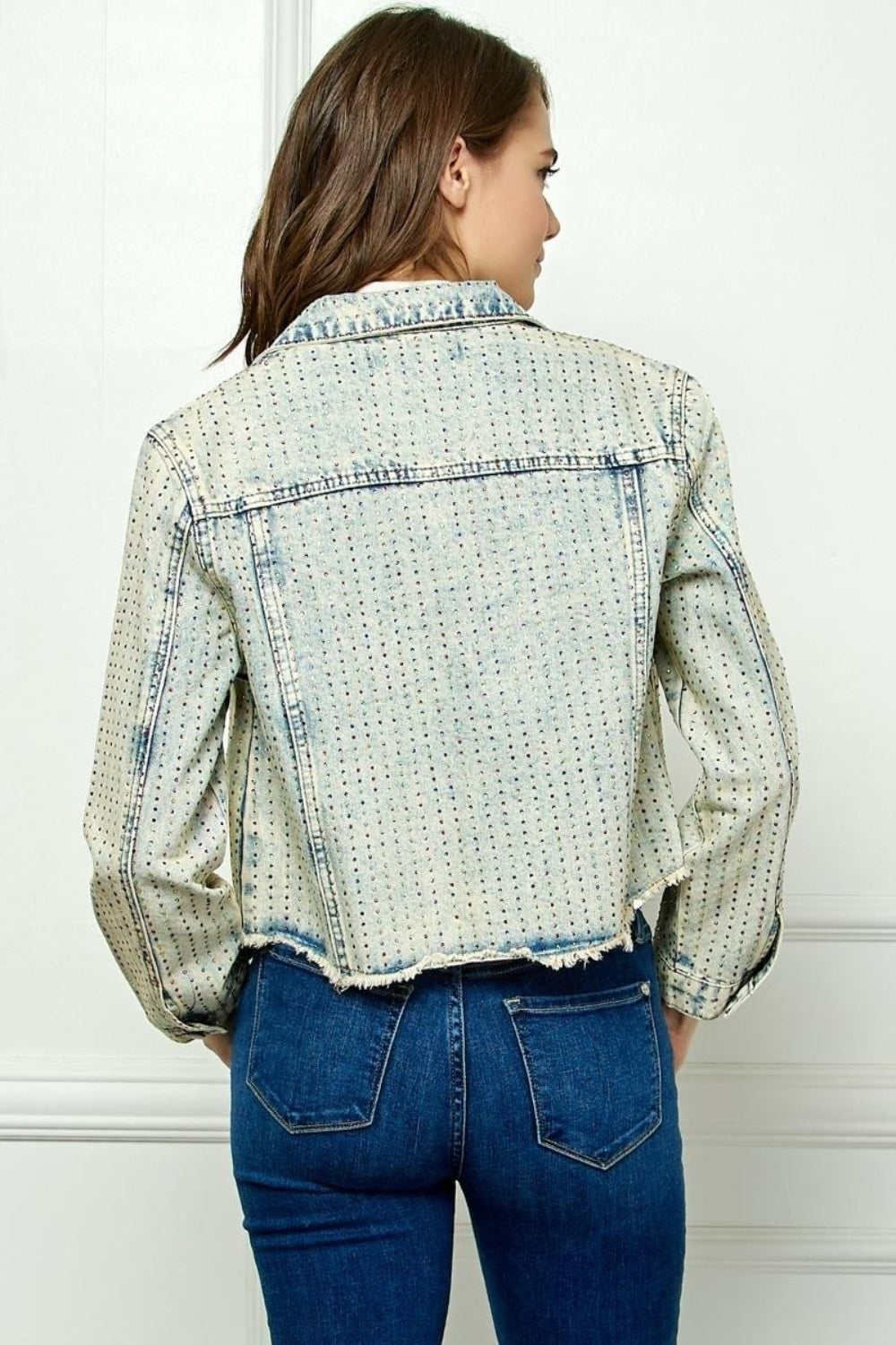 Veveret Multi Color Stripe Rhinestone Raw Hem Denim Jacket - SELFTRITSS