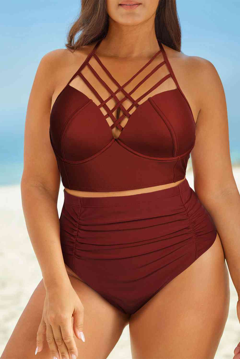 Halter Neck Crisscross Ruched Two-Piece Swimsuit - SELFTRITSS