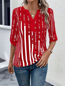 Striped Notched Half Sleeve Blouse - SELFTRITSS   