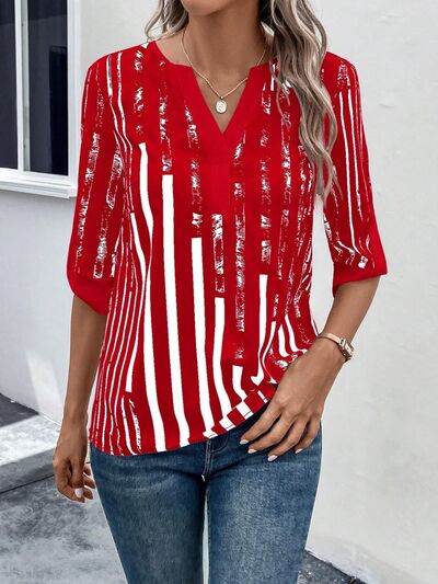 Striped Notched Half Sleeve Blouse - SELFTRITSS   