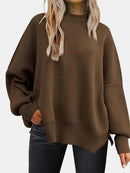 Round Neck Drop Shoulder Slit Sweater - SELFTRITSS