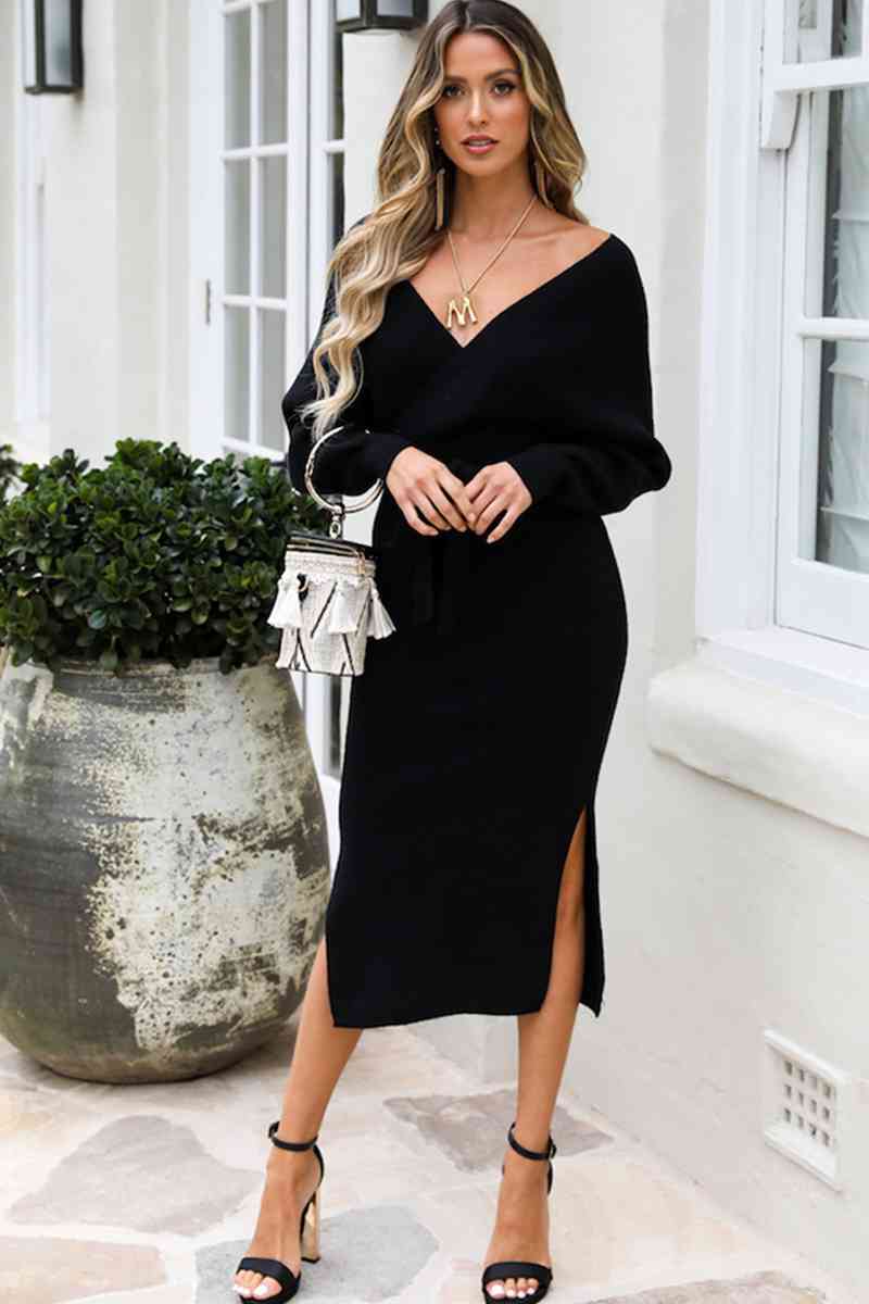 Surplice Neck Bow Waist Slit Sweater Dress - SELFTRITSS