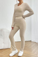 Ribbed V-Neck Long Sleeve Cropped Top and Pants Set - SELFTRITSS