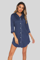 Button Up Collared Neck Night Dress with Pocket - SELFTRITSS
