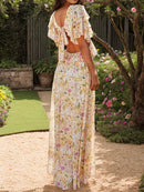 Backless Ruffled Floral V-Neck Dress - SELFTRITSS