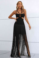 Cutout Strappy Neck Fringe Dress - SELFTRITSS