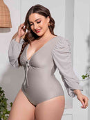 Plus Size Tied Deep V Balloon Sleeve One-Piece Swimsuit - SELFTRITSS