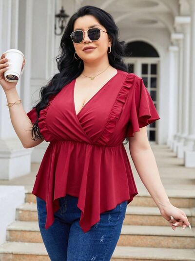 Plus Size Frill Surplice Flutter Sleeve Blouse - SELFTRITSS   