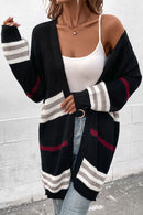 Striped Rib-Knit Drop Shoulder Open Front Cardigan - SELFTRITSS