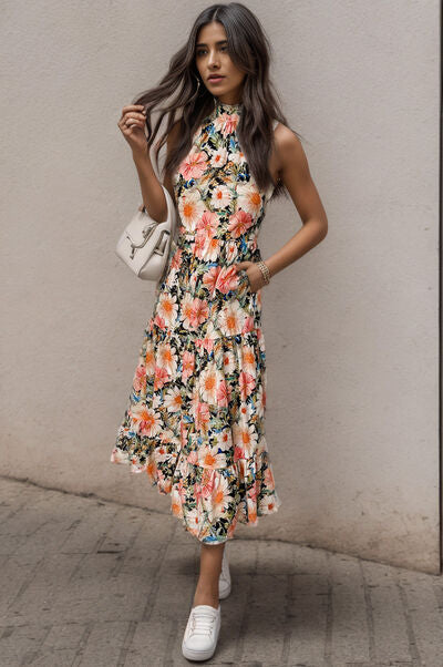 Printed Tiered Pocketed Mock Neck Midi Dress - SELFTRITSS