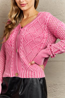 HEYSON Soft Focus Full Size Wash Cable Knit Cardigan in Fuchsia - SELFTRITSS