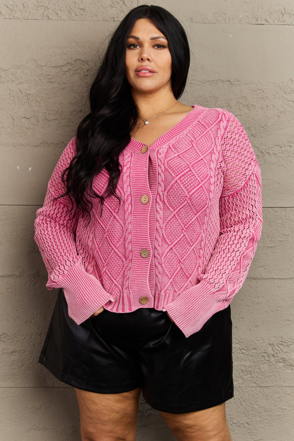 HEYSON Soft Focus Full Size Wash Cable Knit Cardigan in Fuchsia - SELFTRITSS