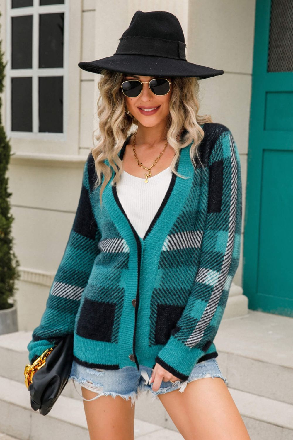 Striped Button-Front Fuzzy Cardigan - SELFTRITSS