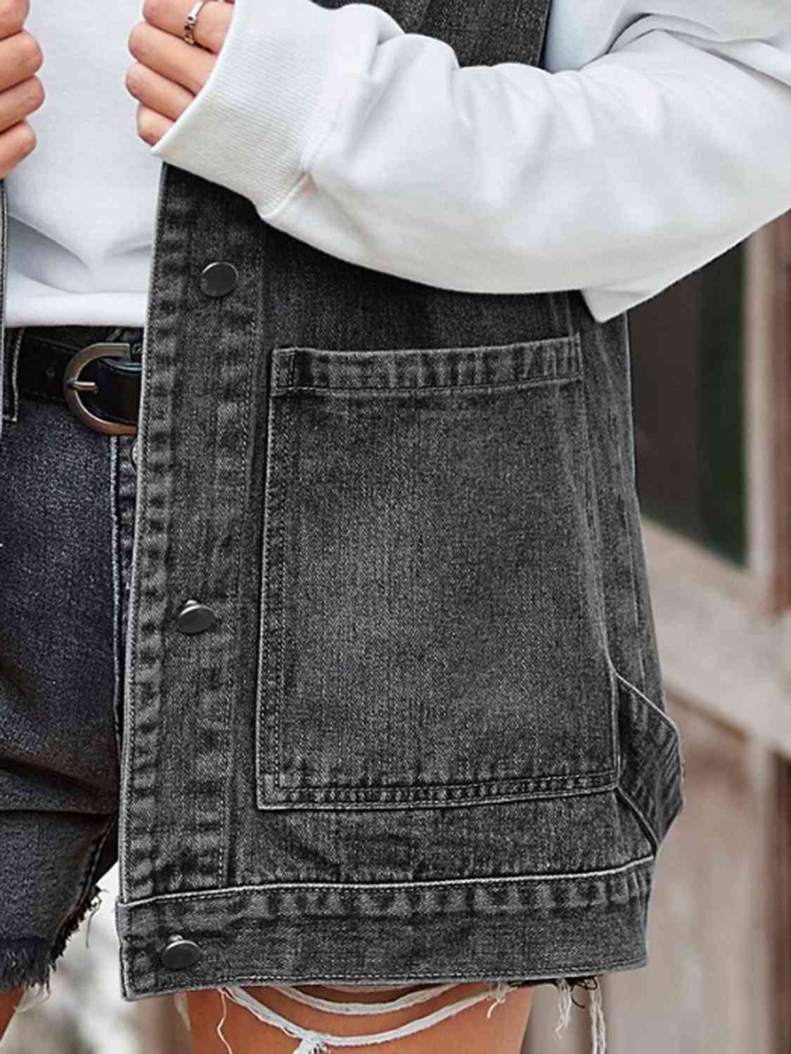 Button Up Sleeveless Denim Jacket with Pockets - SELFTRITSS