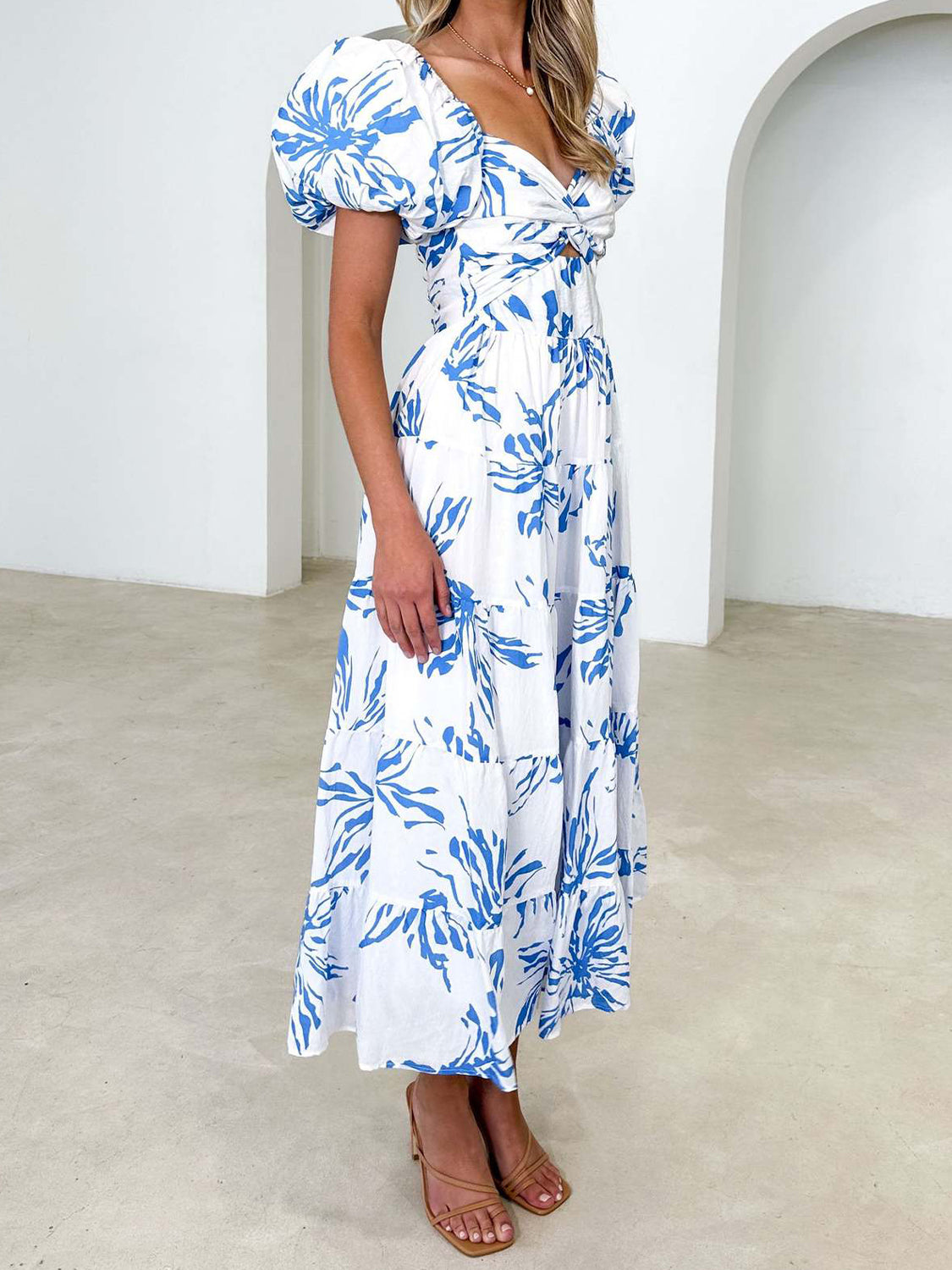 Twisted Printed Puff Sleeve Dress - SELFTRITSS   