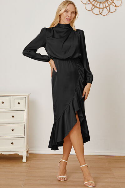 Mock Neck Ruffled Asymmetrical Dress - SELFTRITSS