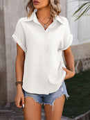 Textured Button Up Cap Sleeve Shirt - SELFTRITSS