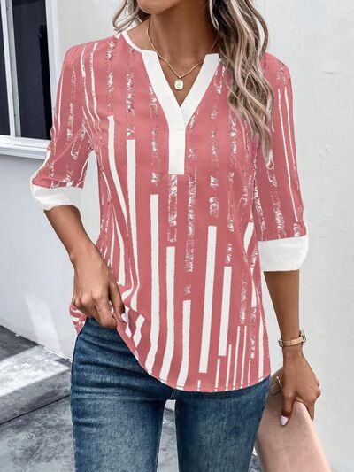 Striped Notched Half Sleeve Blouse - SELFTRITSS   