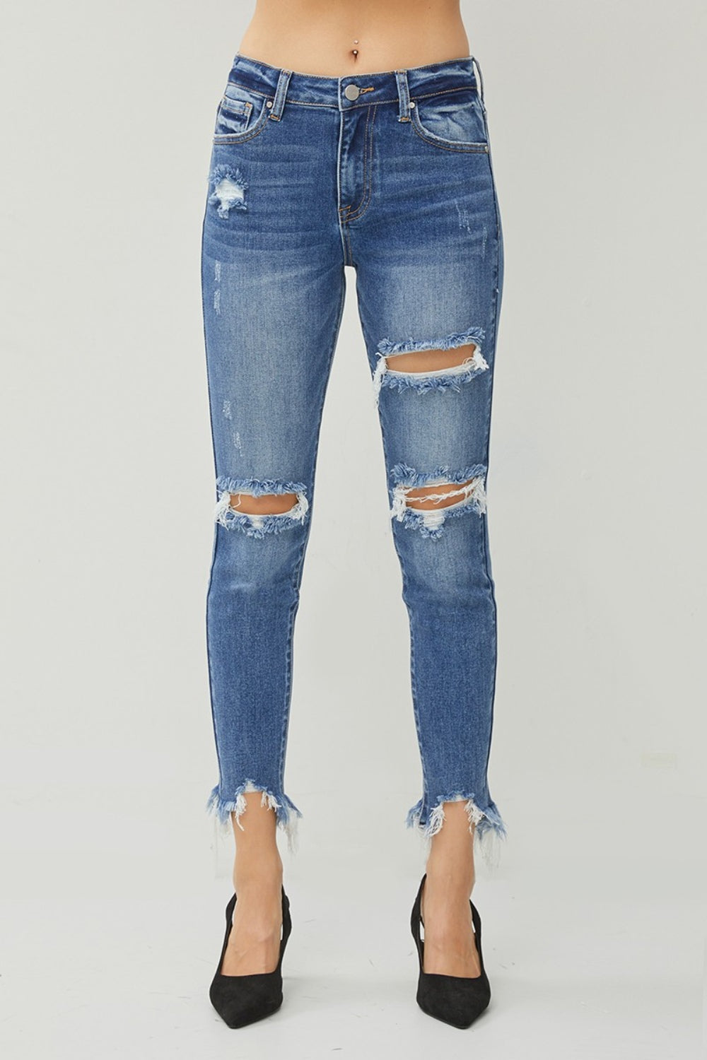 RISEN Distressed Frayed Hem Slim Jeans - SELFTRITSS