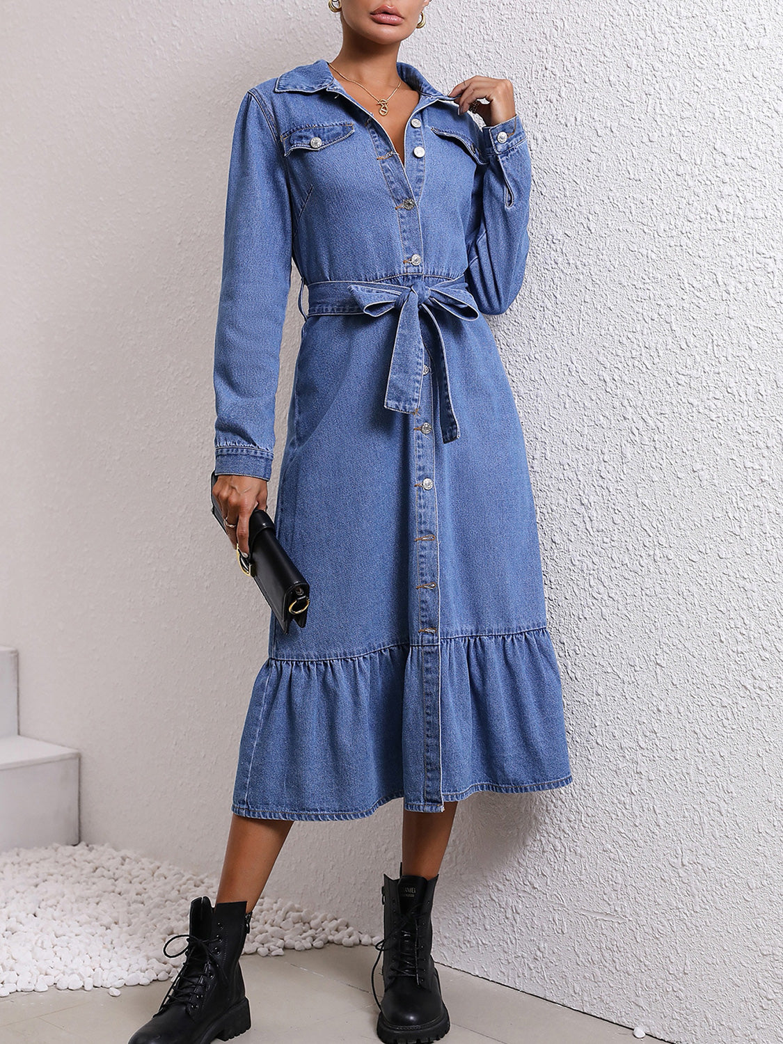 Collared Neck Button Down Denim Dress - SELFTRITSS