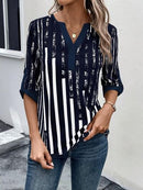 Striped Notched Half Sleeve Blouse - SELFTRITSS   