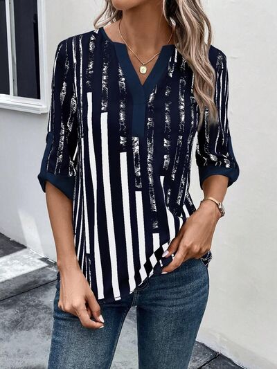 Striped Notched Half Sleeve Blouse - SELFTRITSS   