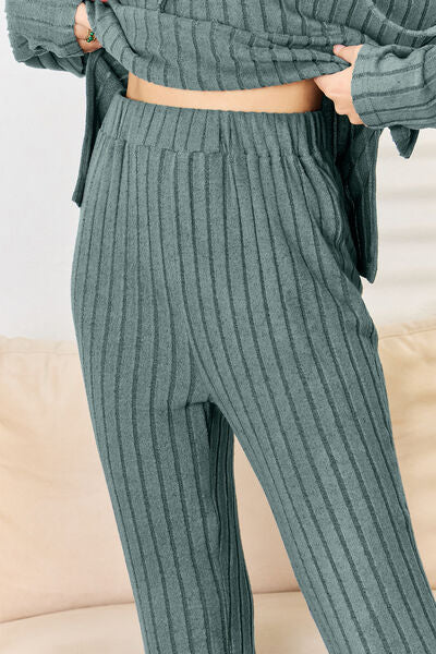 Basic Bae Full Size Ribbed Drawstring Hood Top and Straight Pants Set - SELFTRITSS