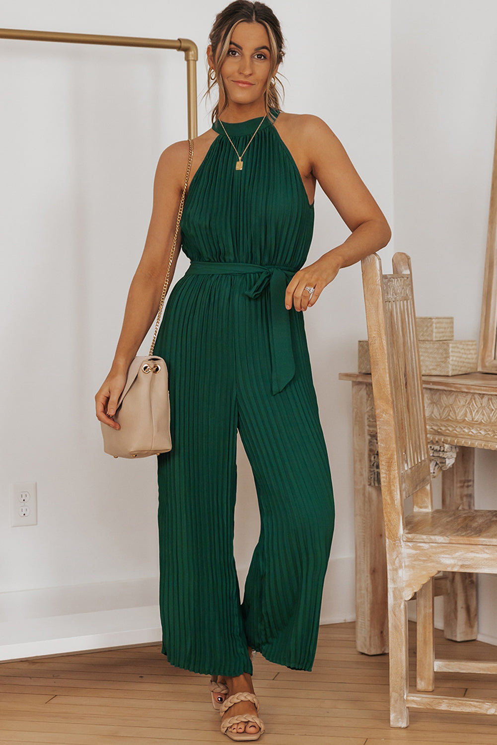 Accordion Pleated Belted Grecian Neck Sleeveless Jumpsuit - SELFTRITSS