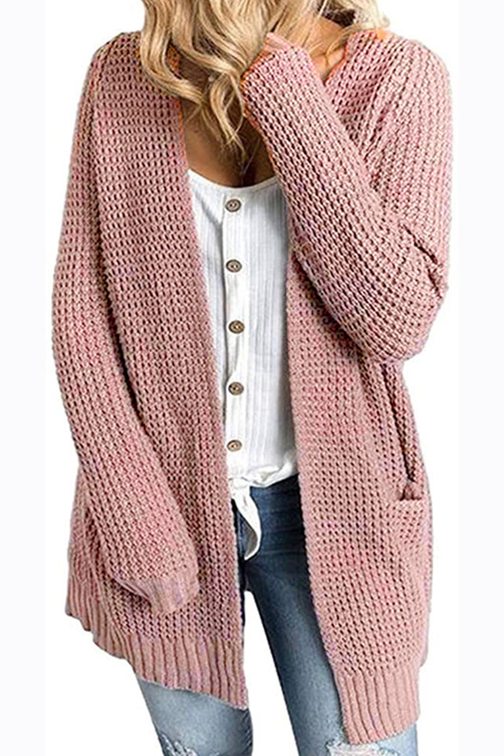 Rib-Knit Open Front Pocketed Cardigan - SELFTRITSS   