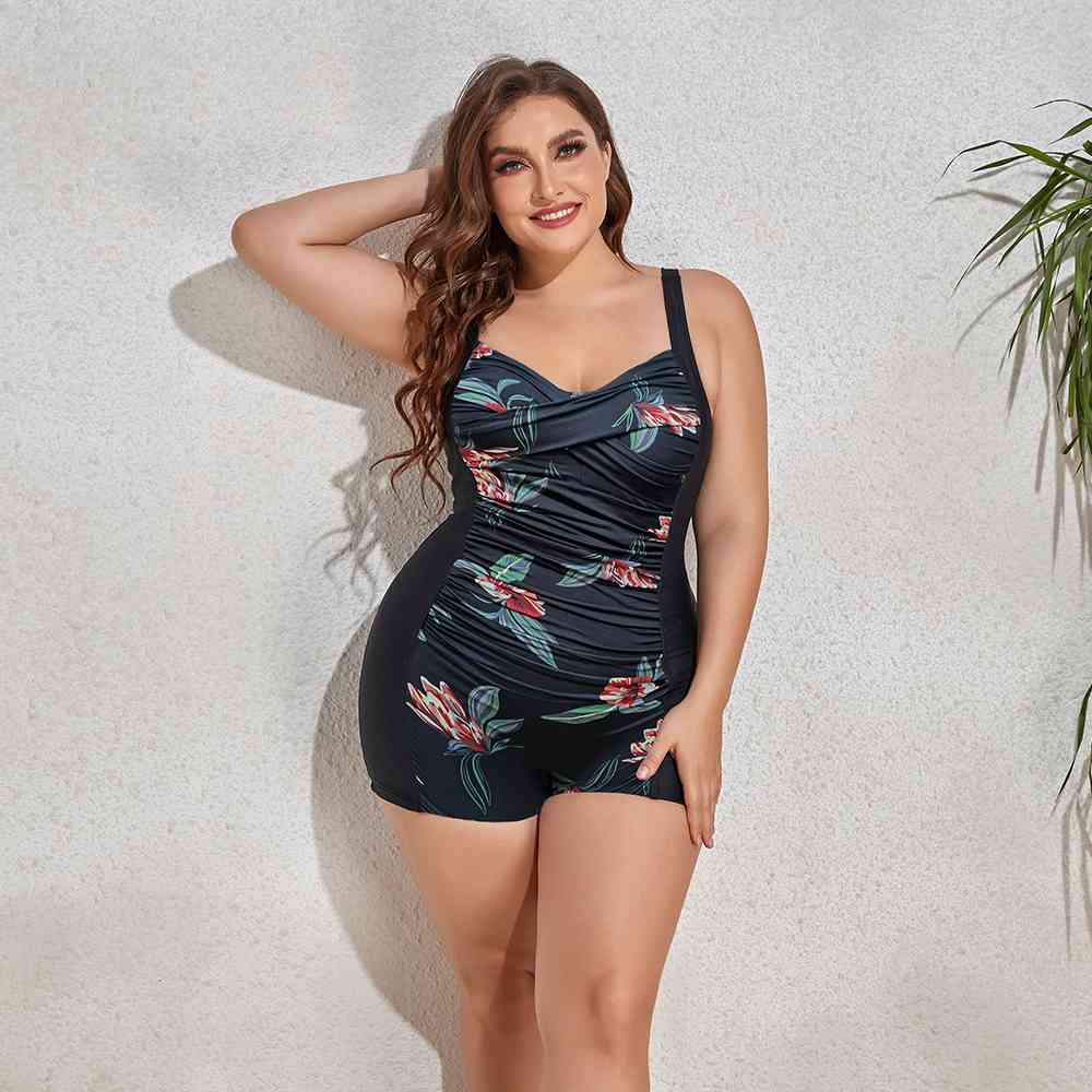 Plus Size Printed Sleeveless Swim Romper - SELFTRITSS