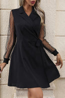 Lapel Collar Tied Mesh Long Sleeve Dress - SELFTRITSS